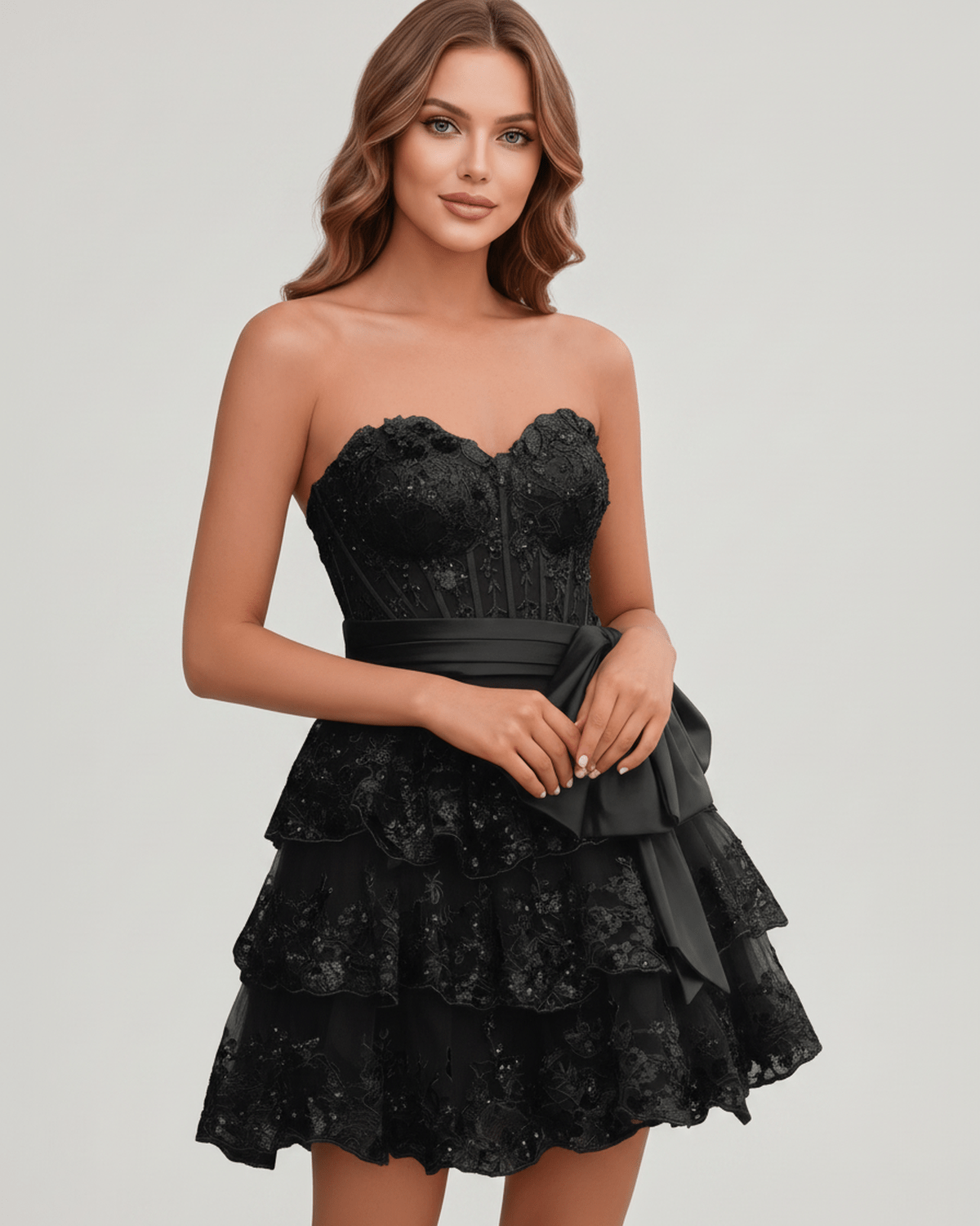 Veloura Mini Dress by Lauven — lace appliqué strapless sweetheart tiered mini dress