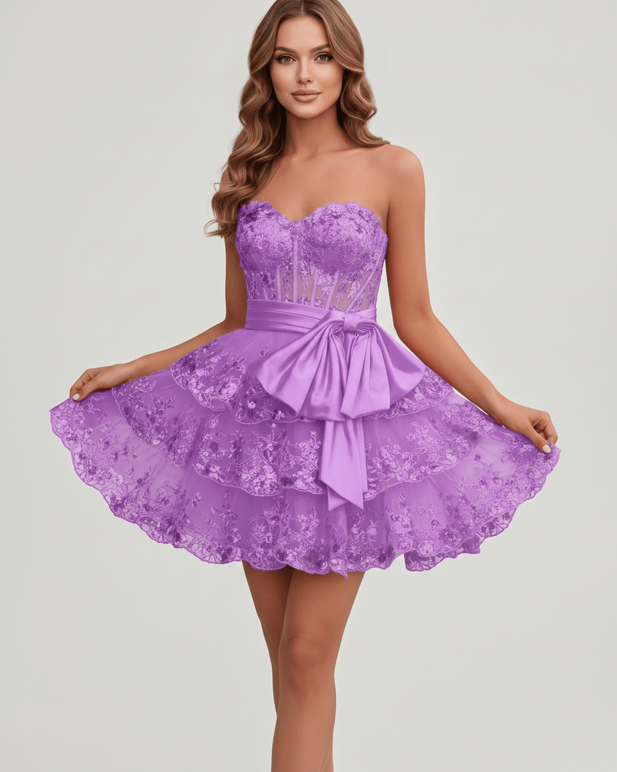 Veloura Mini Dress by Lauven — lace appliqué strapless sweetheart tiered mini dress
