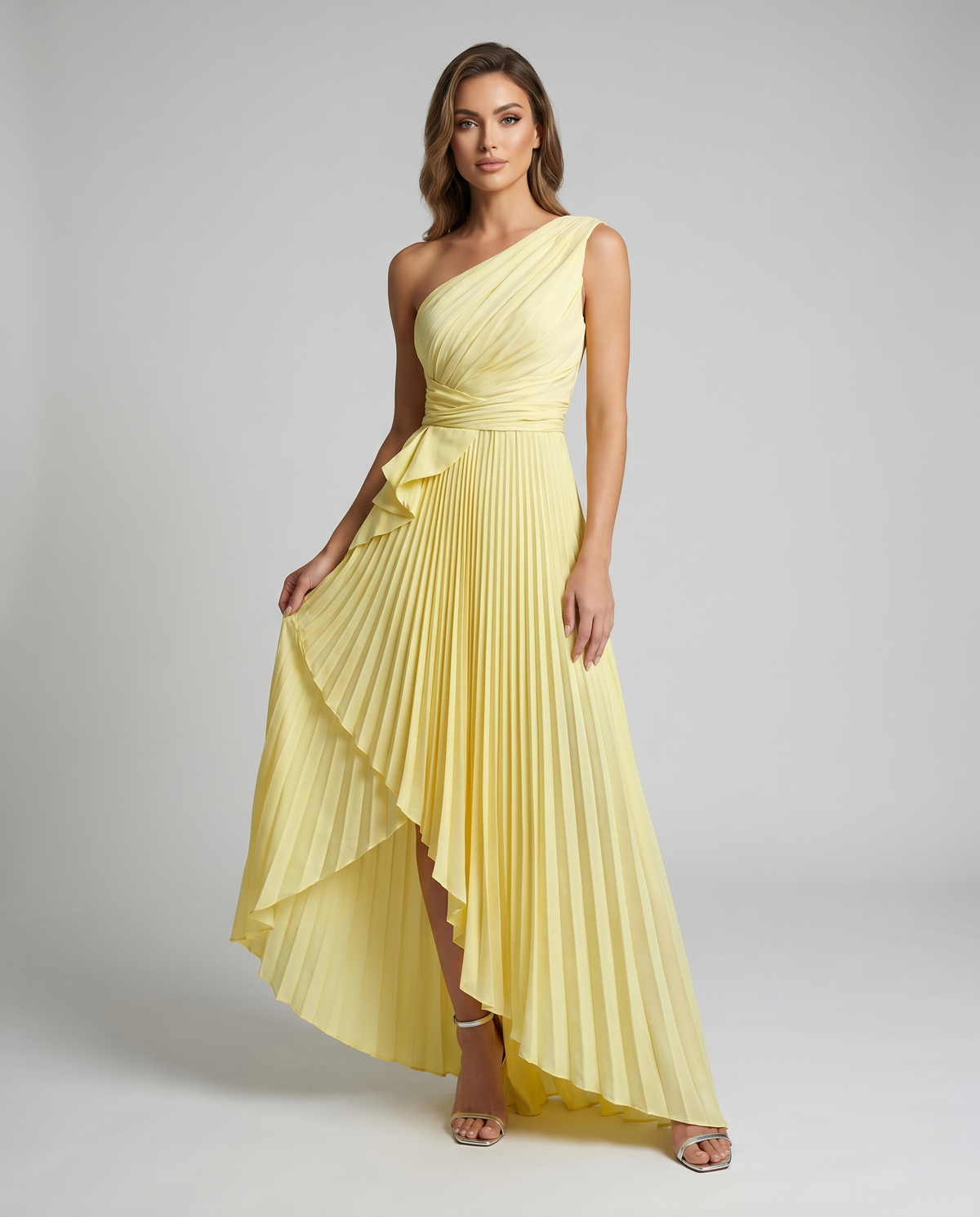 Aureline Maxi Dress by Lauven — yellow pleated satin one shoulder A-line maxi dress with ruffle slit