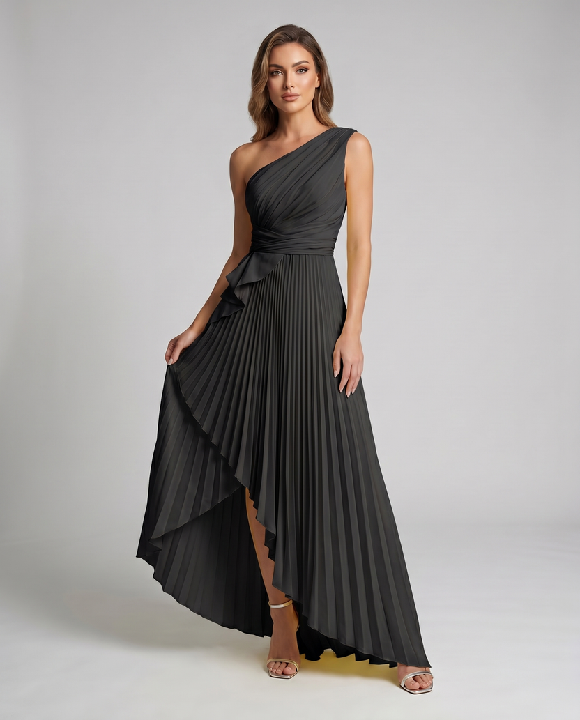 Aureline Maxi Dress by Lauven — black pleated satin one shoulder A-line maxi dress with ruffle slit