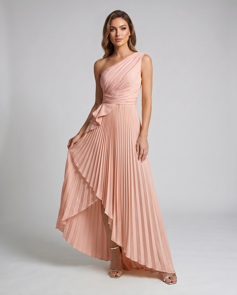 Aureline Maxi Dress by Lauven — blush pleated satin one shoulder A-line maxi dress with ruffle slit