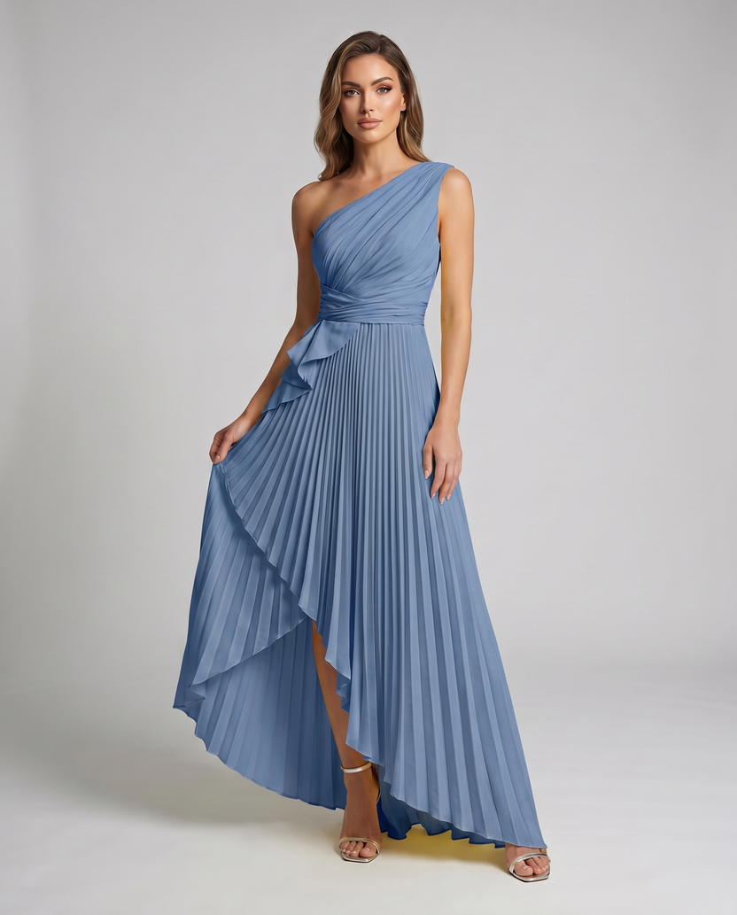Aureline Maxi Dress by Lauven — turquoise blue pleated satin one shoulder A-line maxi dress with ruffle slit