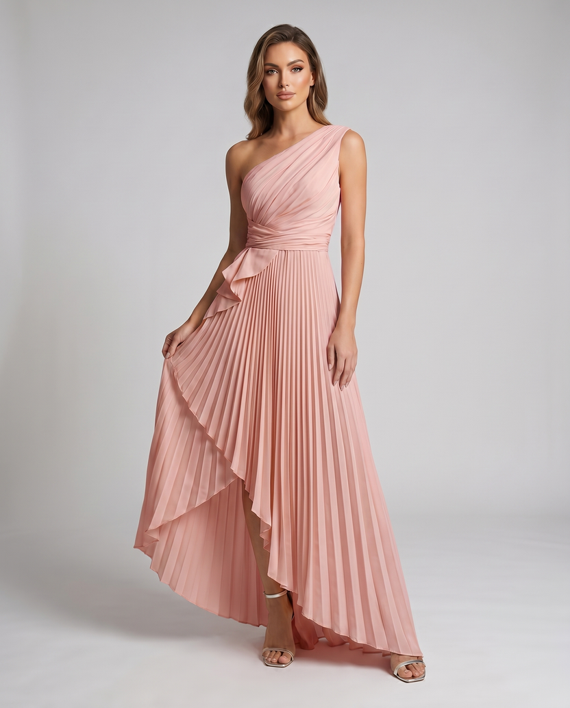 Aureline Maxi Dress by Lauven — rose gold pleated satin one shoulder A-line maxi dress with ruffle slit