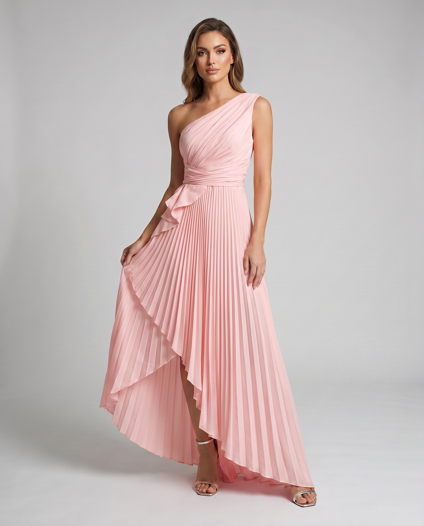 Aureline Maxi Dress by Lauven — pink pleated satin one shoulder A-line maxi dress with ruffle slit