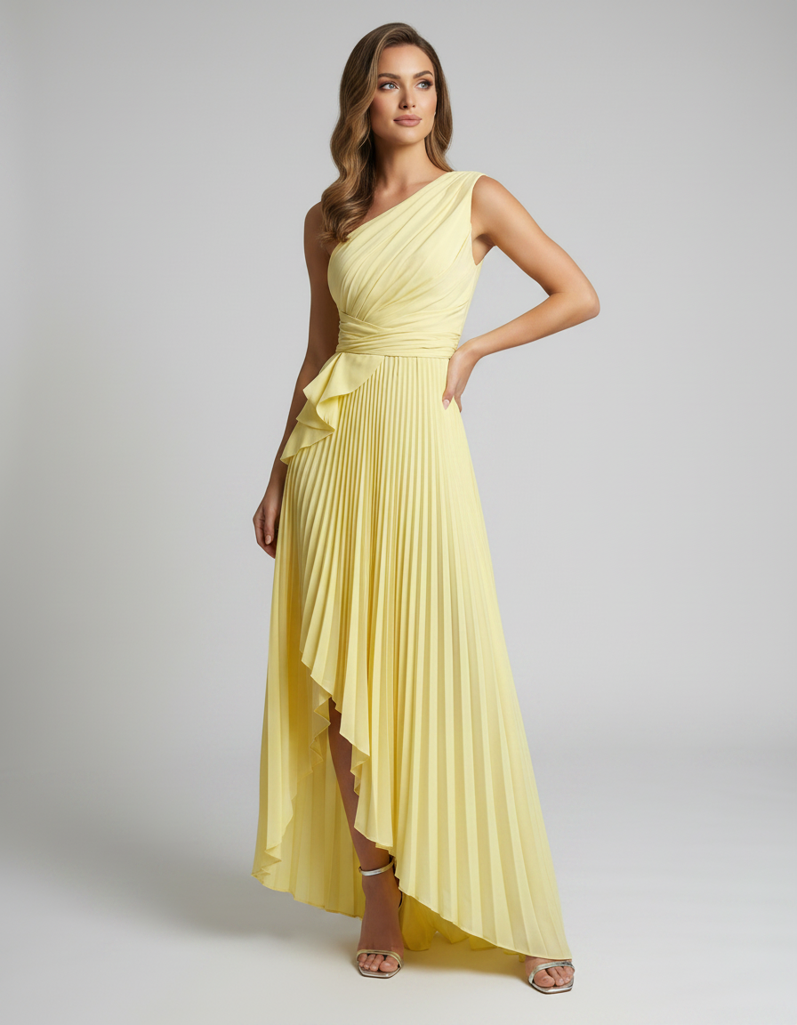 Aureline Maxi Dress by Lauven — pleated satin one shoulder A-line maxi dress with ruffle slit