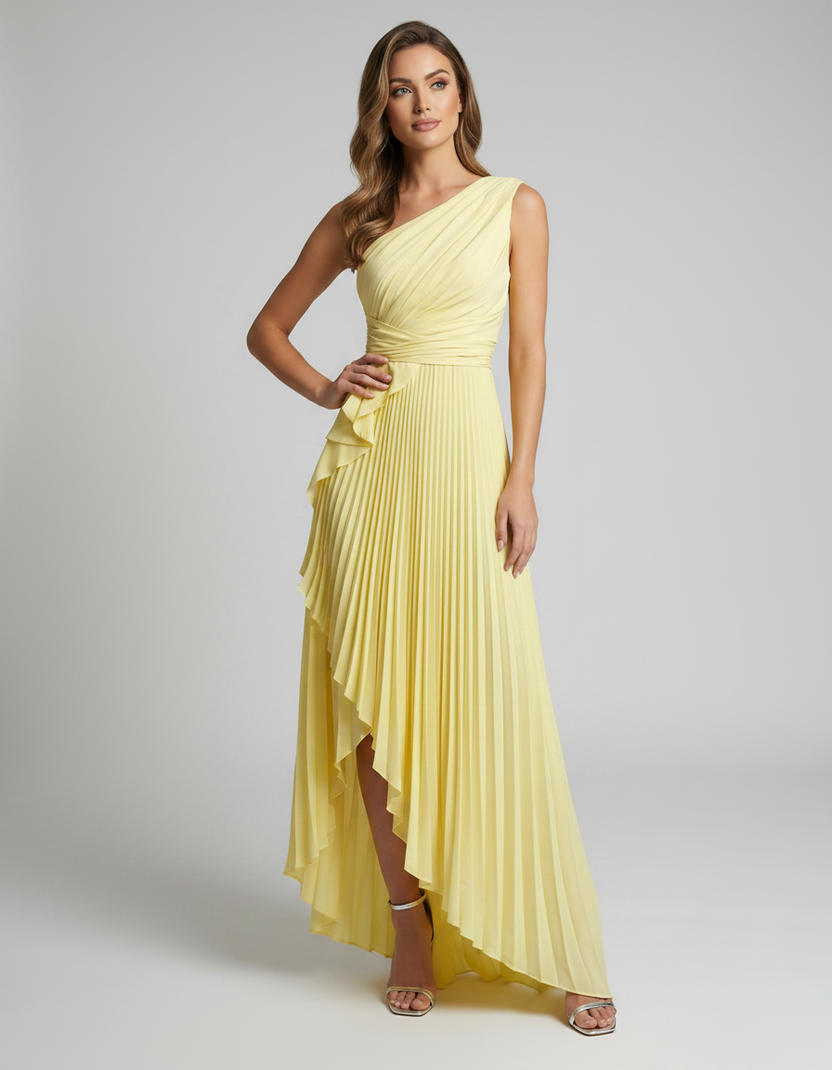 Aureline Maxi Dress by Lauven — pleated satin one shoulder A-line maxi dress with ruffle slit