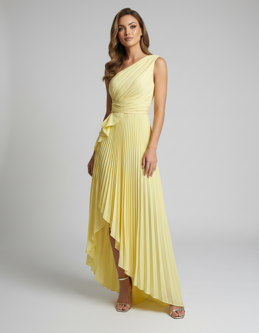 Aureline Maxi Dress by Lauven — pleated satin one shoulder A-line maxi dress with ruffle slit