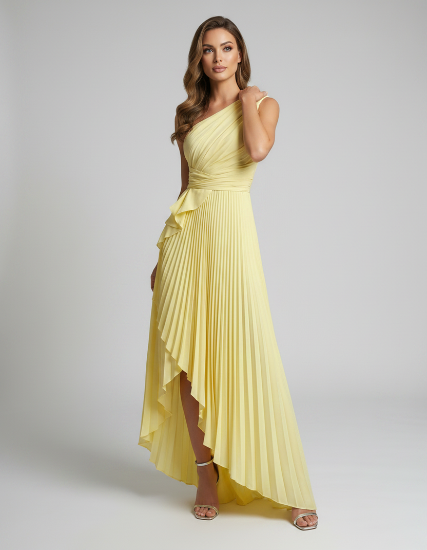 Aureline Maxi Dress by Lauven — pleated satin one shoulder A-line maxi dress with ruffle slit