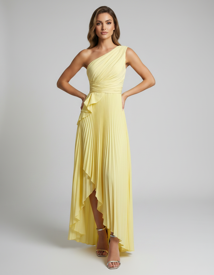 Aureline Maxi Dress by Lauven — pleated satin one shoulder A-line maxi dress with ruffle slit