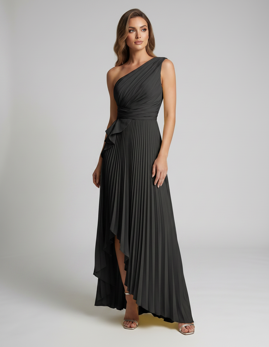Aureline Maxi Dress by Lauven — pleated satin one shoulder A-line maxi dress with ruffle slit