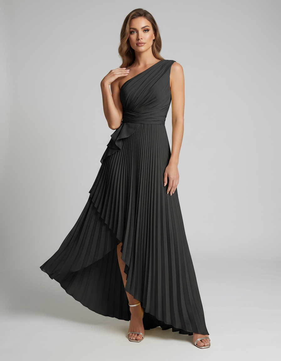 Aureline Maxi Dress by Lauven — pleated satin one shoulder A-line maxi dress with ruffle slit