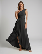Aureline Maxi Dress by Lauven — pleated satin one shoulder A-line maxi dress with ruffle slit