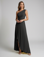 Aureline Maxi Dress by Lauven — pleated satin one shoulder A-line maxi dress with ruffle slit