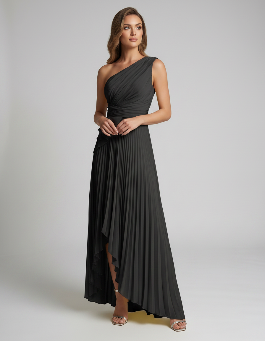 Aureline Maxi Dress by Lauven — pleated satin one shoulder A-line maxi dress with ruffle slit