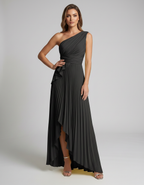 Aureline Maxi Dress by Lauven — pleated satin one shoulder A-line maxi dress with ruffle slit