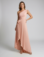 Aureline Maxi Dress by Lauven — pleated satin one shoulder A-line maxi dress with ruffle slit