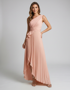 Aureline Maxi Dress by Lauven — pleated satin one shoulder A-line maxi dress with ruffle slit