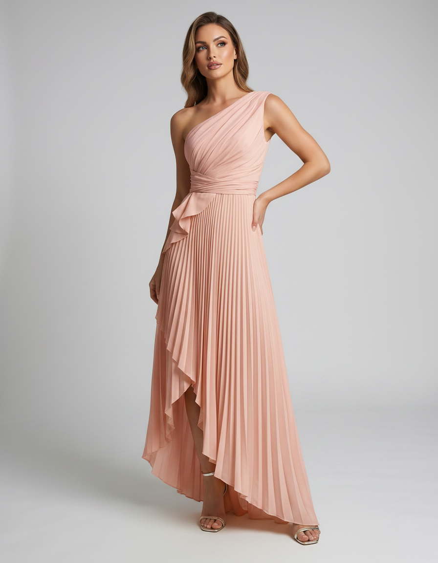 Aureline Maxi Dress by Lauven — pleated satin one shoulder A-line maxi dress with ruffle slit