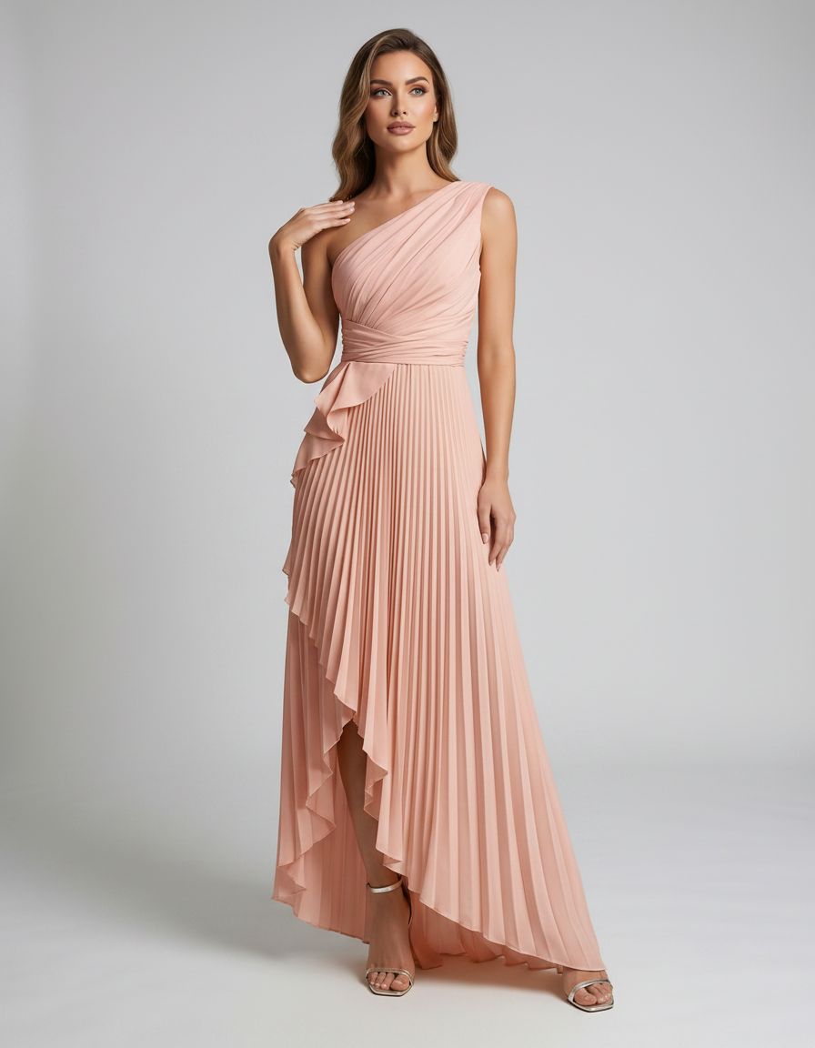 Aureline Maxi Dress by Lauven — pleated satin one shoulder A-line maxi dress with ruffle slit