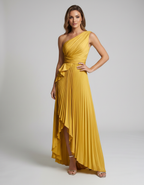 Aureline Maxi Dress by Lauven — pleated satin one shoulder A-line maxi dress with ruffle slit