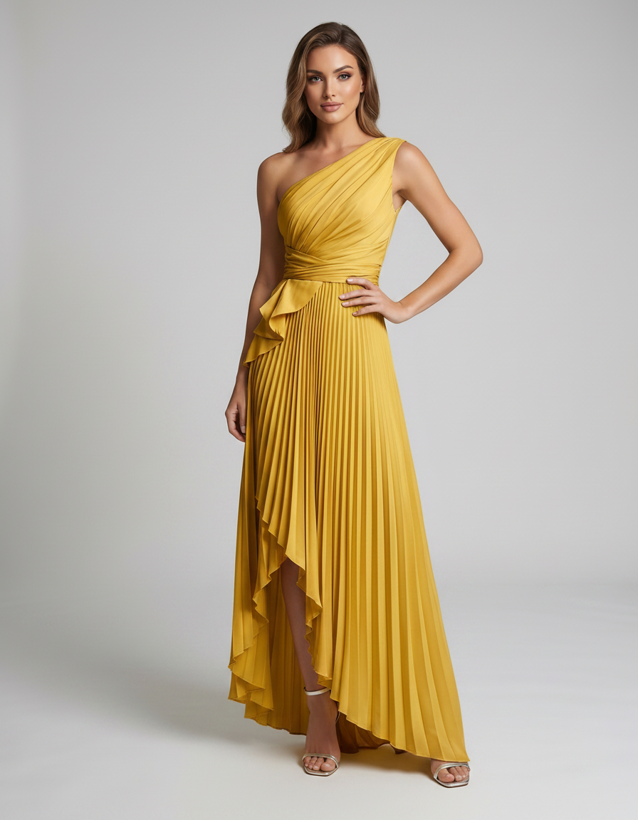 Aureline Maxi Dress by Lauven — pleated satin one shoulder A-line maxi dress with ruffle slit