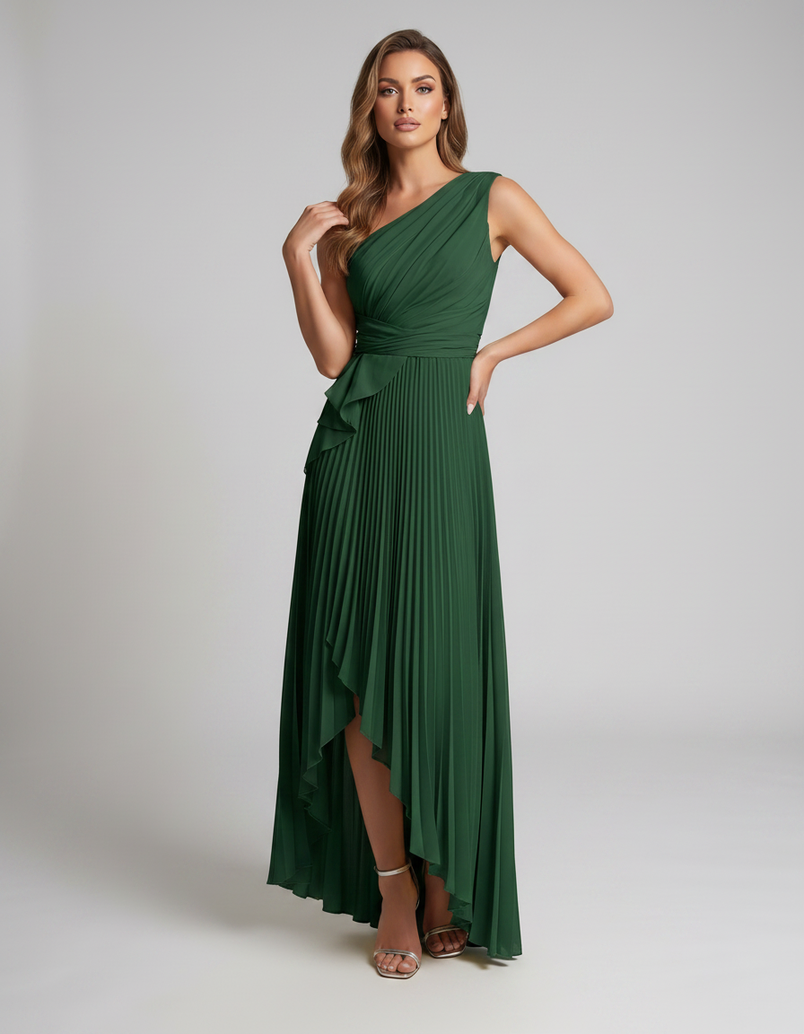 Aureline Maxi Dress by Lauven — pleated satin one shoulder A-line maxi dress with ruffle slit