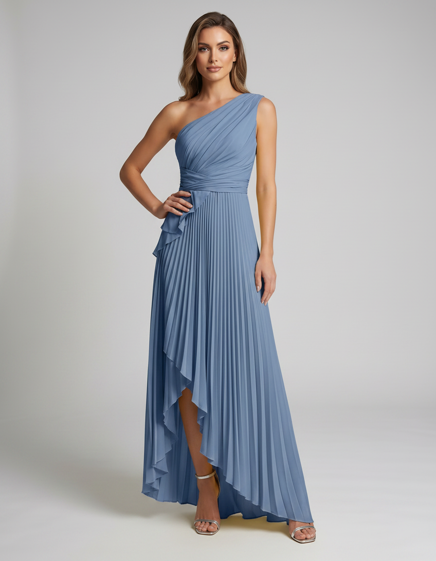 Aureline Maxi Dress by Lauven — pleated satin one shoulder A-line maxi dress with ruffle slit