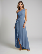 Aureline Maxi Dress by Lauven — pleated satin one shoulder A-line maxi dress with ruffle slit