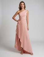 Aureline Maxi Dress by Lauven — pleated satin one shoulder A-line maxi dress with ruffle slit