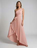 Aureline Maxi Dress by Lauven — pleated satin one shoulder A-line maxi dress with ruffle slit