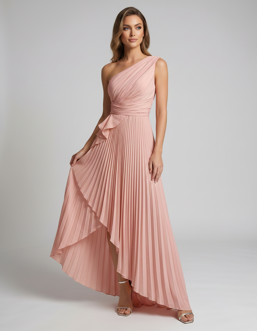 Aureline Maxi Dress by Lauven — pleated satin one shoulder A-line maxi dress with ruffle slit