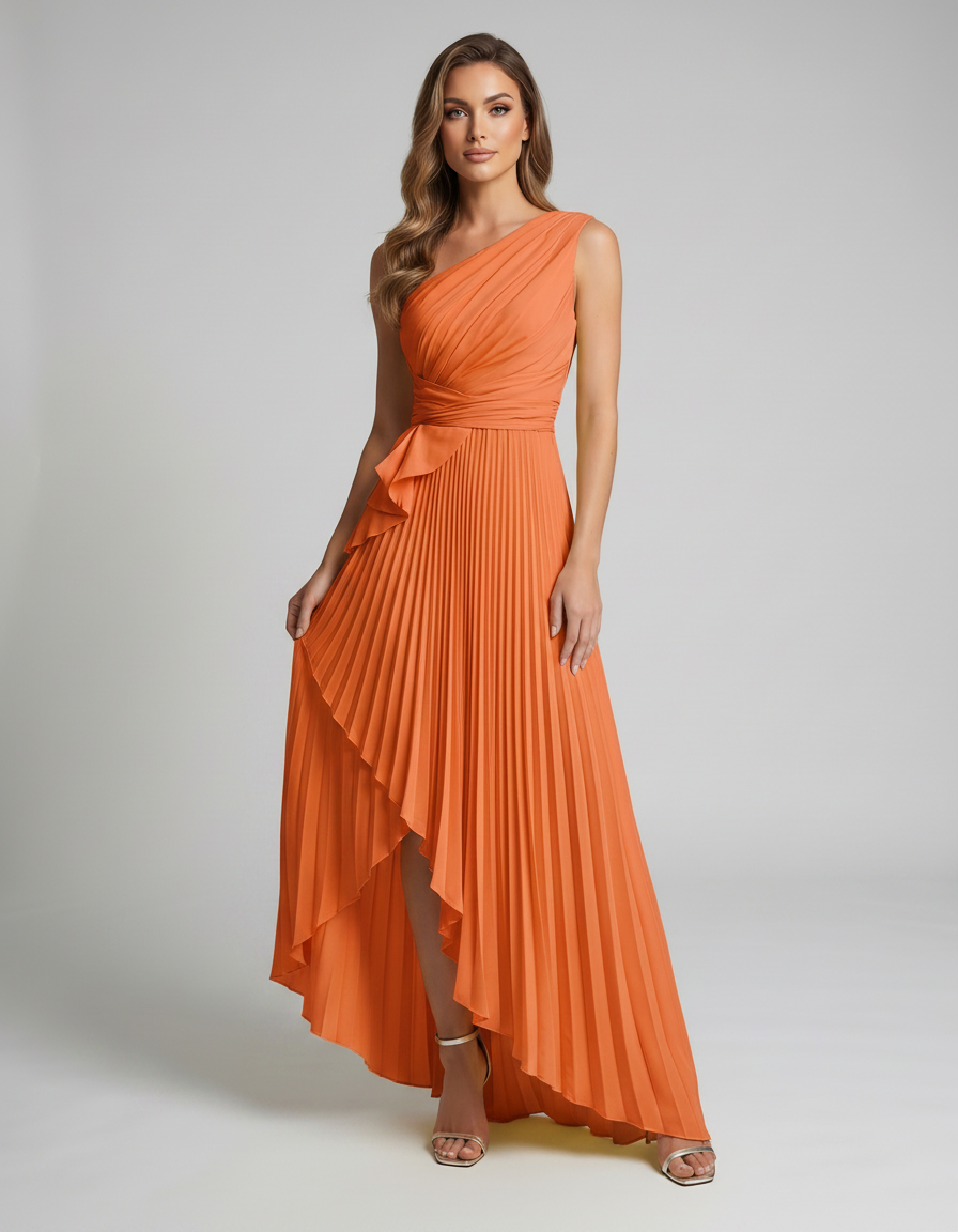 Aureline Maxi Dress by Lauven — pleated satin one shoulder A-line maxi dress with ruffle slit