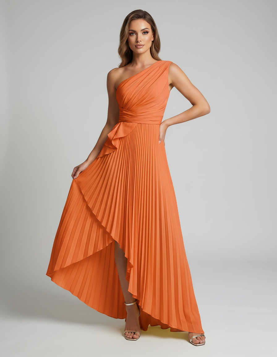Aureline Maxi Dress by Lauven — pleated satin one shoulder A-line maxi dress with ruffle slit