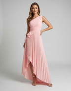 Aureline Maxi Dress by Lauven — pleated satin one shoulder A-line maxi dress with ruffle slit