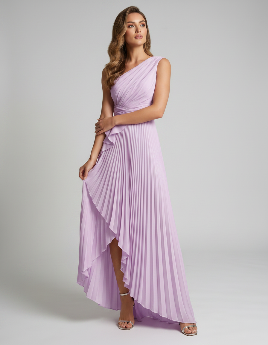 Aureline Maxi Dress by Lauven — pleated satin one shoulder A-line maxi dress with ruffle slit