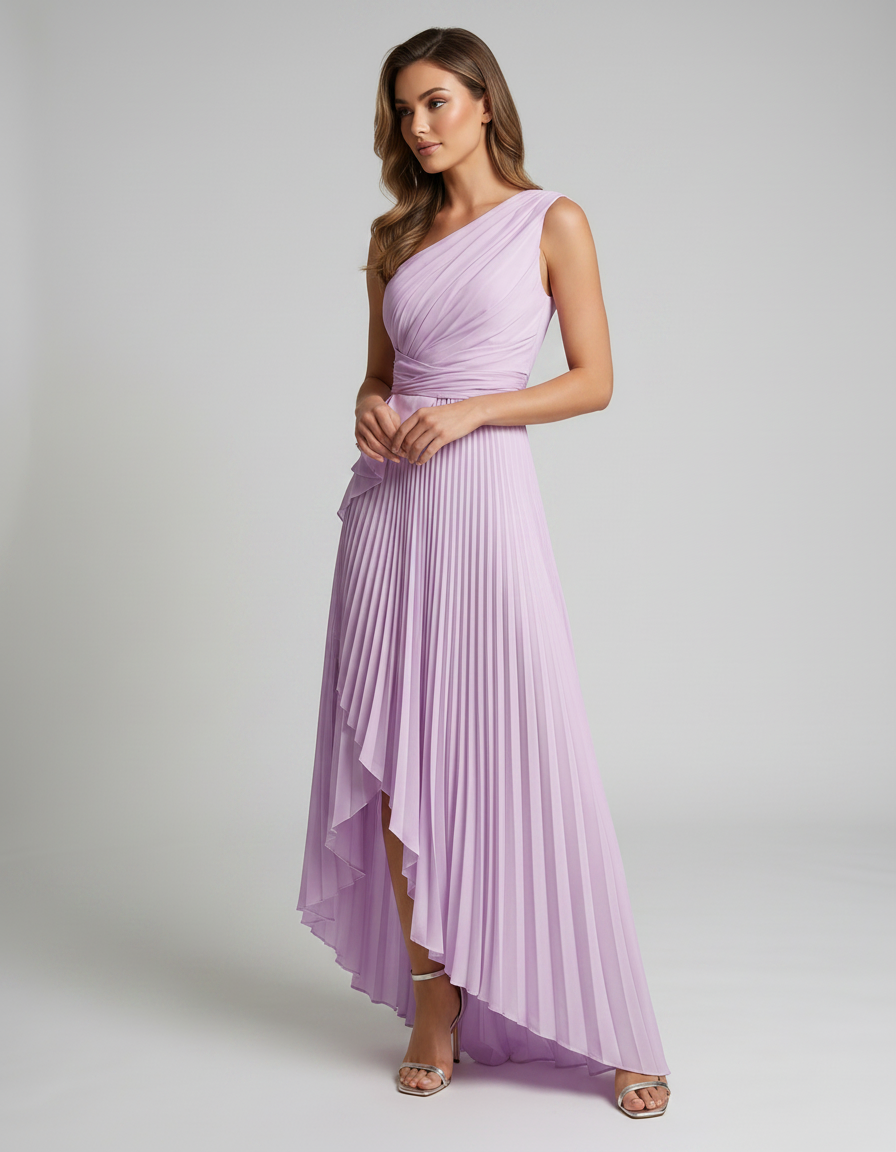 Aureline Maxi Dress by Lauven — pleated satin one shoulder A-line maxi dress with ruffle slit