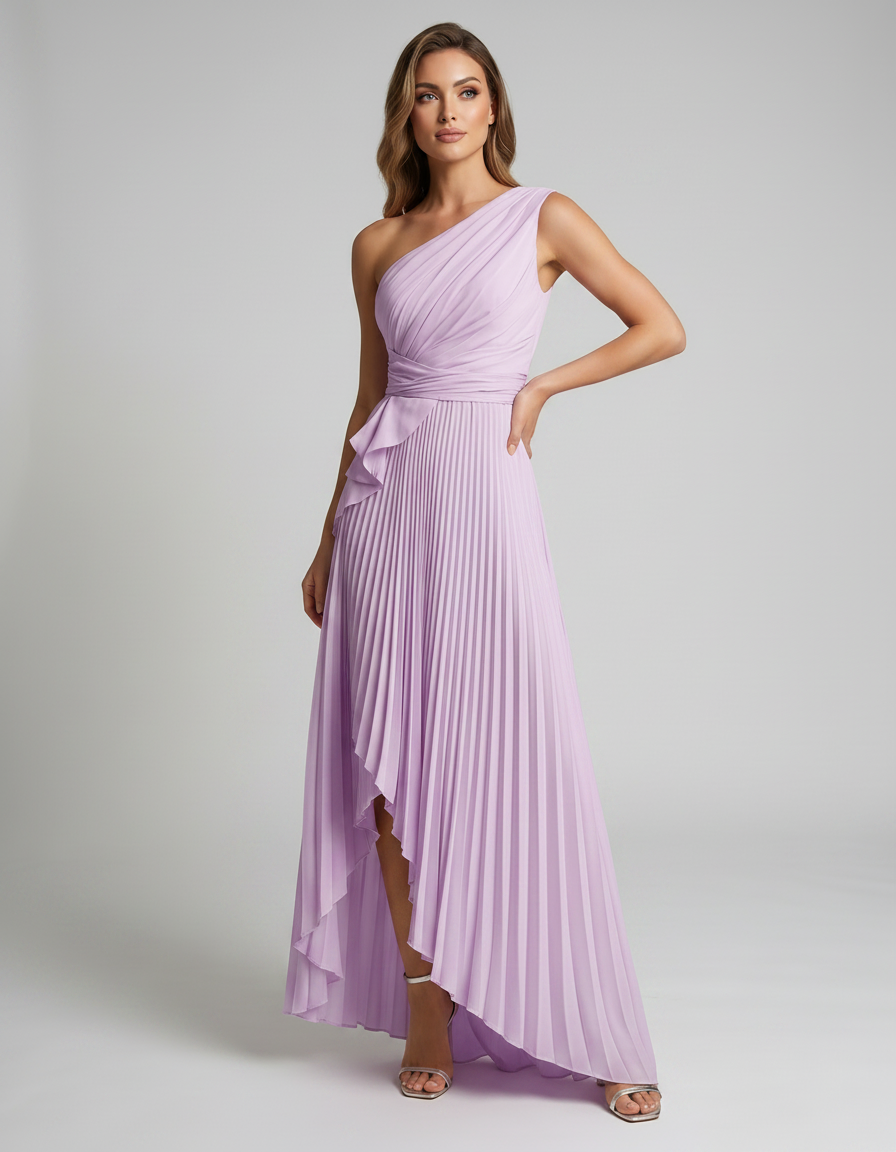 Aureline Maxi Dress by Lauven — pleated satin one shoulder A-line maxi dress with ruffle slit