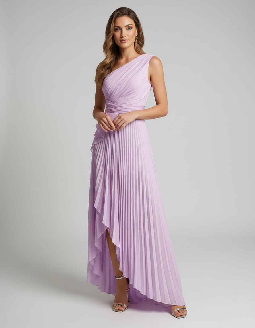 Aureline Maxi Dress by Lauven — pleated satin one shoulder A-line maxi dress with ruffle slit