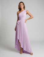Aureline Maxi Dress by Lauven — pleated satin one shoulder A-line maxi dress with ruffle slit