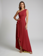 Aureline Maxi Dress by Lauven — pleated satin one shoulder A-line maxi dress with ruffle slit