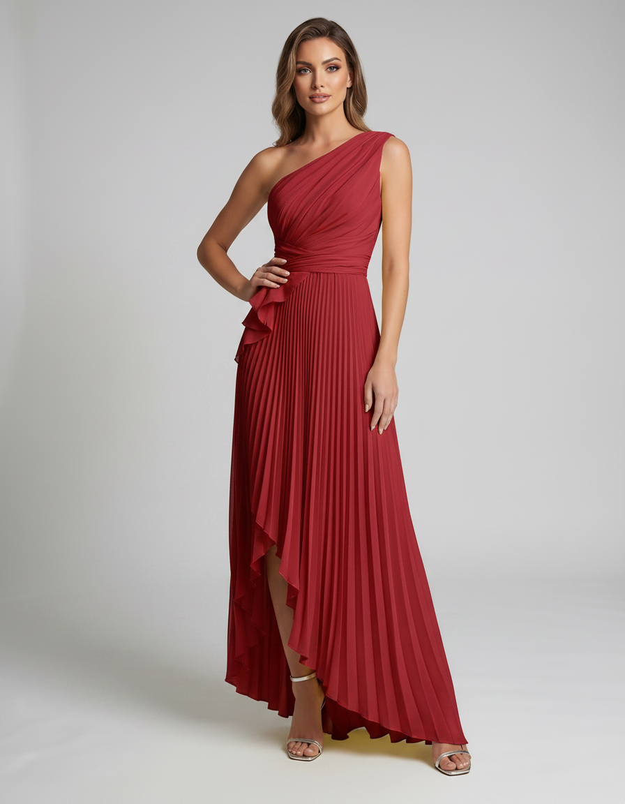 Aureline Maxi Dress by Lauven — pleated satin one shoulder A-line maxi dress with ruffle slit