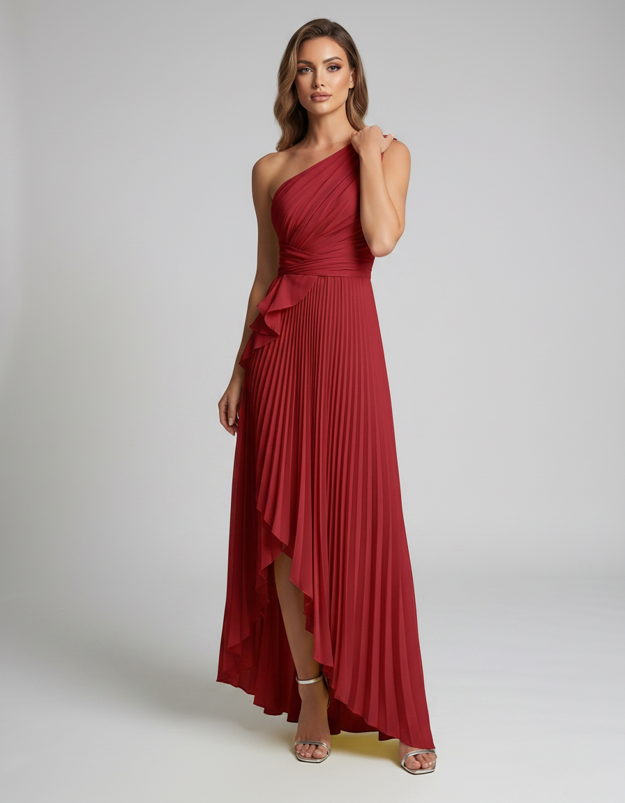 Aureline Maxi Dress by Lauven — pleated satin one shoulder A-line maxi dress with ruffle slit