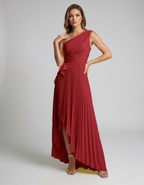 Aureline Maxi Dress by Lauven — pleated satin one shoulder A-line maxi dress with ruffle slit