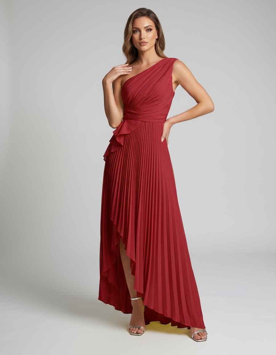 Aureline Maxi Dress by Lauven — pleated satin one shoulder A-line maxi dress with ruffle slit