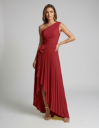 Aureline Maxi Dress by Lauven — pleated satin one shoulder A-line maxi dress with ruffle slit