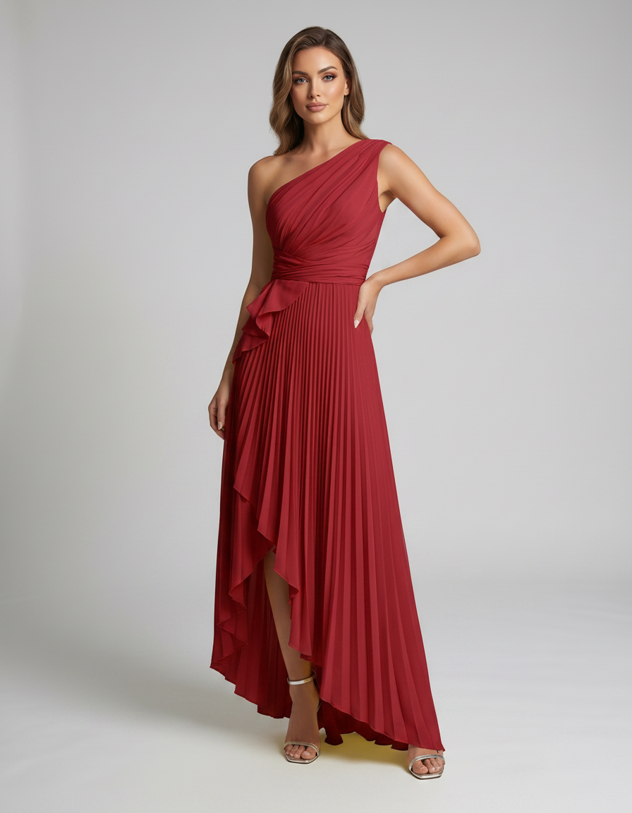 Aureline Maxi Dress by Lauven — pleated satin one shoulder A-line maxi dress with ruffle slit