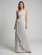 Aureline Maxi Dress by Lauven — pleated satin one shoulder A-line maxi dress with ruffle slit