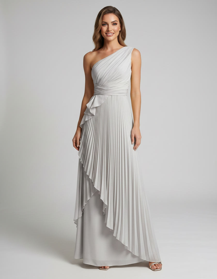 Aureline Maxi Dress by Lauven — pleated satin one shoulder A-line maxi dress with ruffle slit