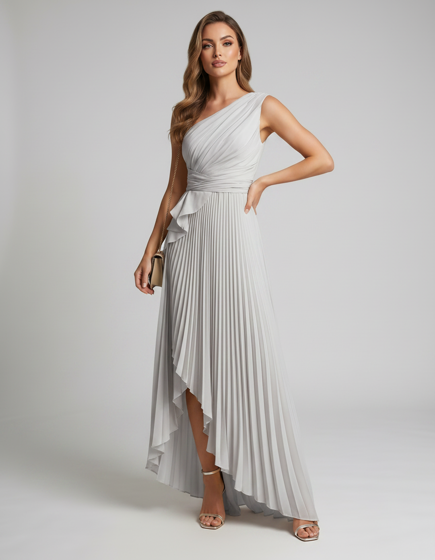 Aureline Maxi Dress by Lauven — pleated satin one shoulder A-line maxi dress with ruffle slit