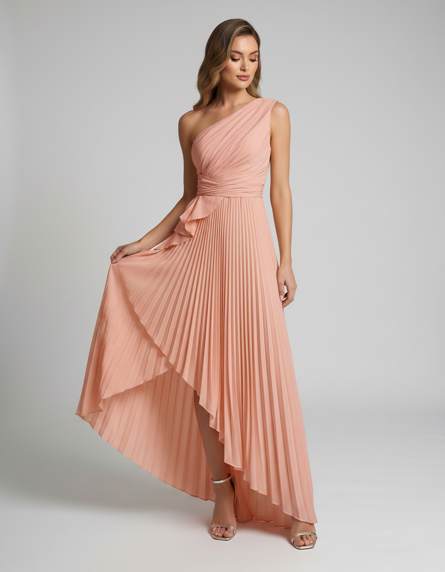 Aureline Maxi Dress by Lauven — pleated satin one shoulder A-line maxi dress with ruffle slit